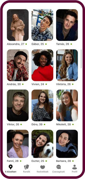 A Badoo app nők profiljait jeleníti meg rácsszerű nézetben.